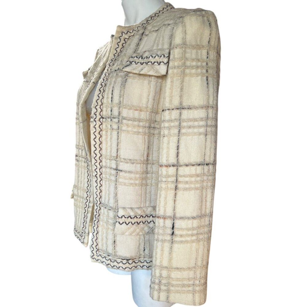 I Magnin & Co Cream & Black Plaid Wool Womens Tweed Blazer Jacket With Front Poc - Picture 3 of 9